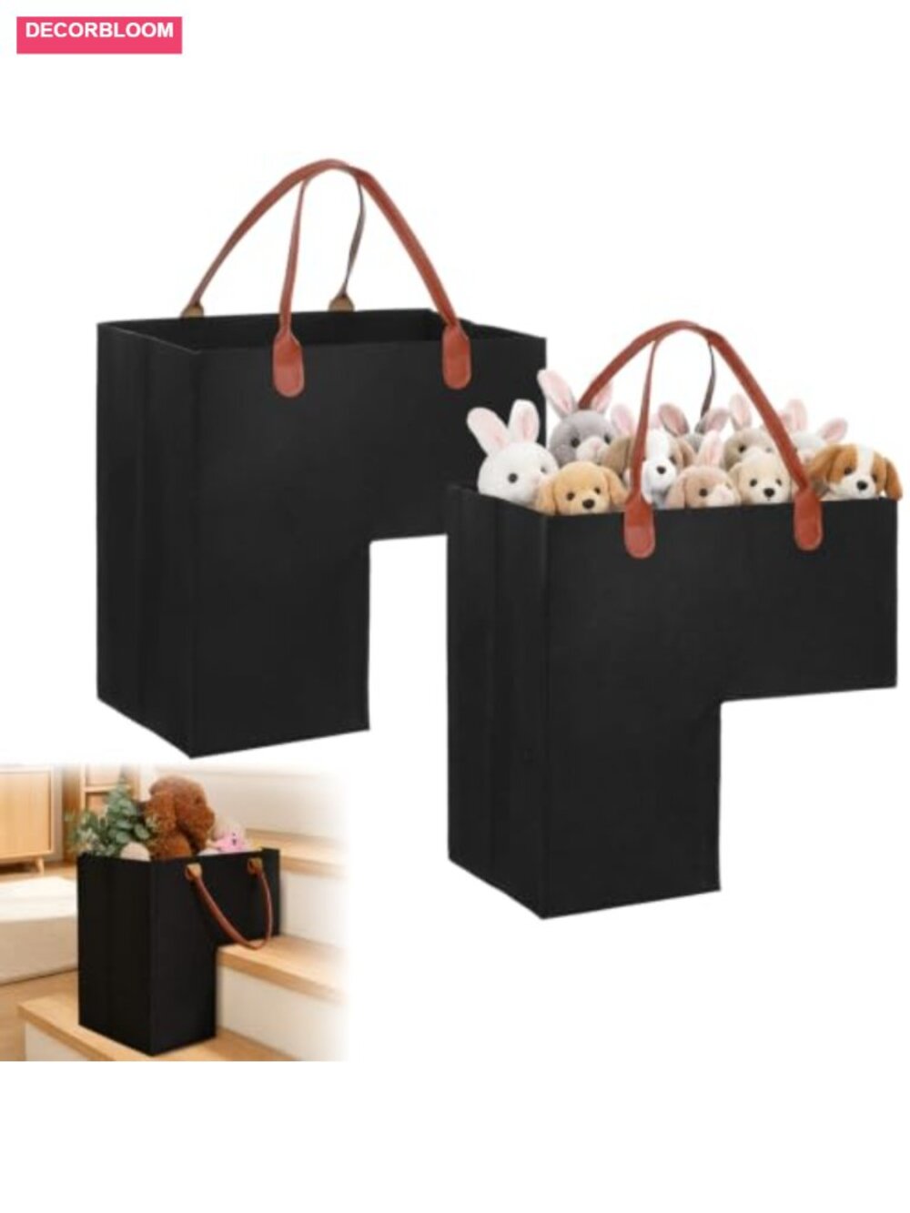 2 Pack Felt Stair Basket with Leather Handle, L-Shape Storage Bins for Stairs